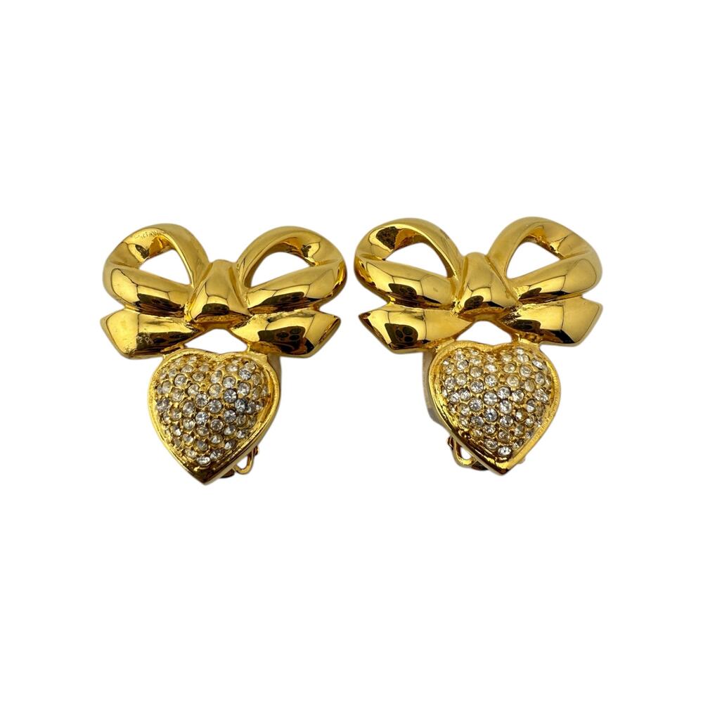 Vtg White Diamonds Elizabeth Taylor Gold Tone Bow Rhinestone Clip On Earrings